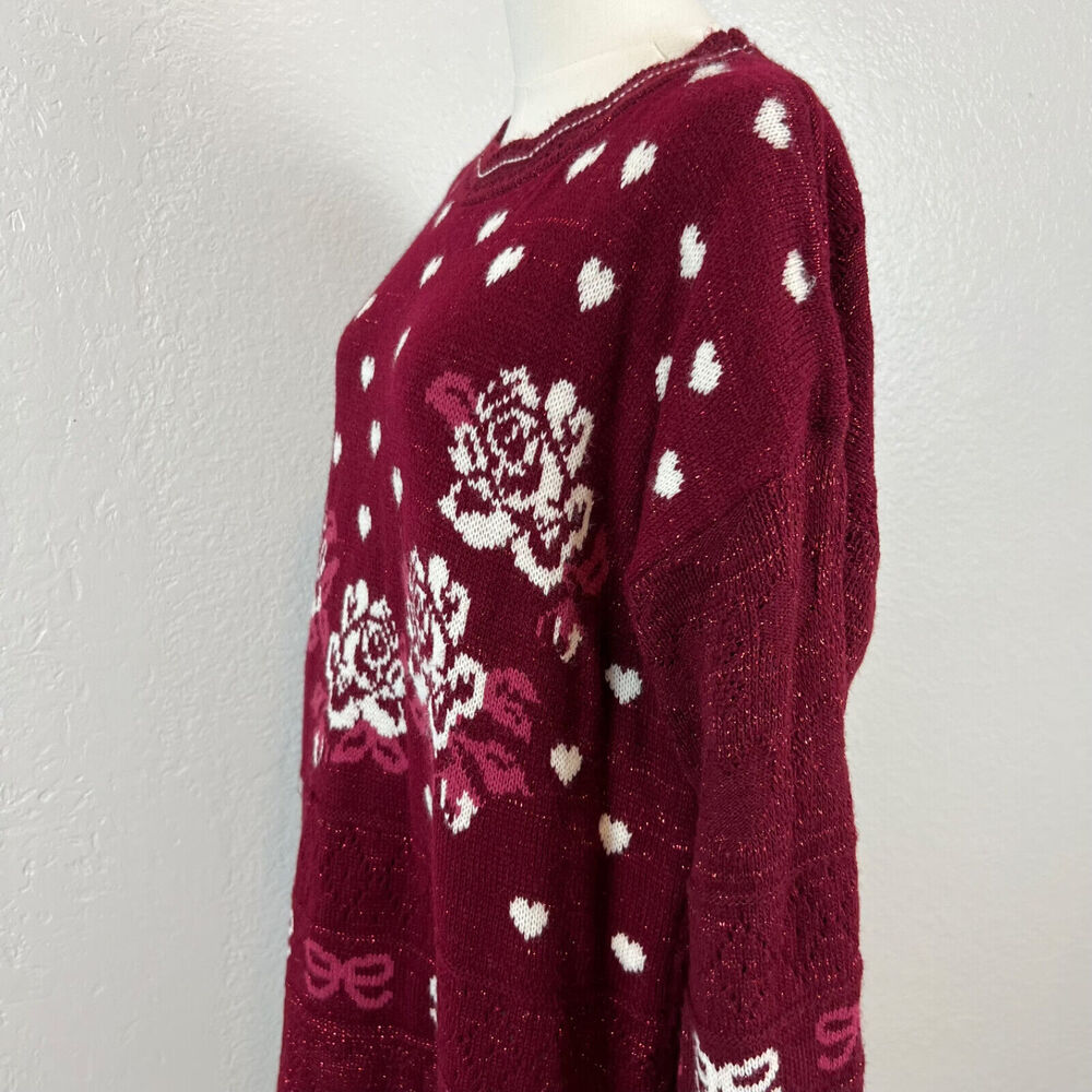 VTG Trimmings Sweater Womens 18 Red Floral Heart Knit Grandma Feminine Romantic‎ - Picture 5 of 13